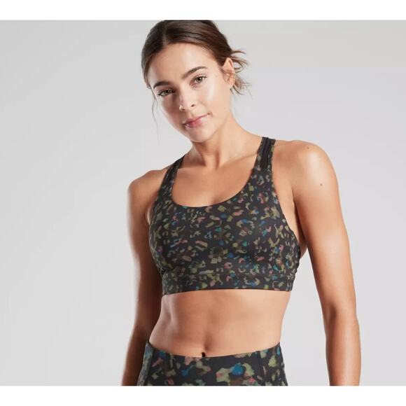Athleta Contender Multi-colored Ancient Forest Leopard Sports Bra - Size XS - Picture 1 of 7